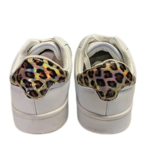 OK white faux leather sneakers, white laces, animal print heel yoke, 8.5 - Picture 3 of 8
